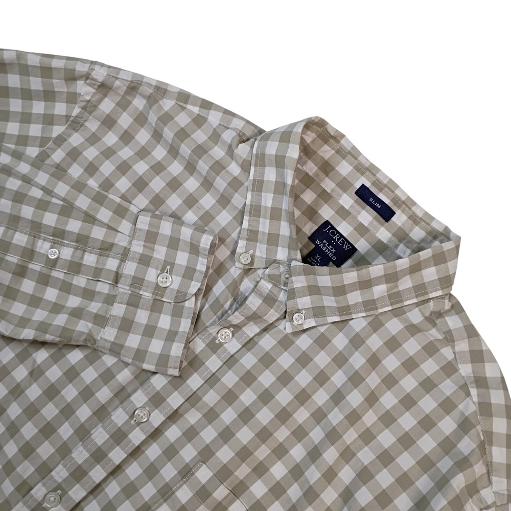 J.Crew Mens Flex Washed Slim Fit Gingham Button Down Shirt Tan White XL
